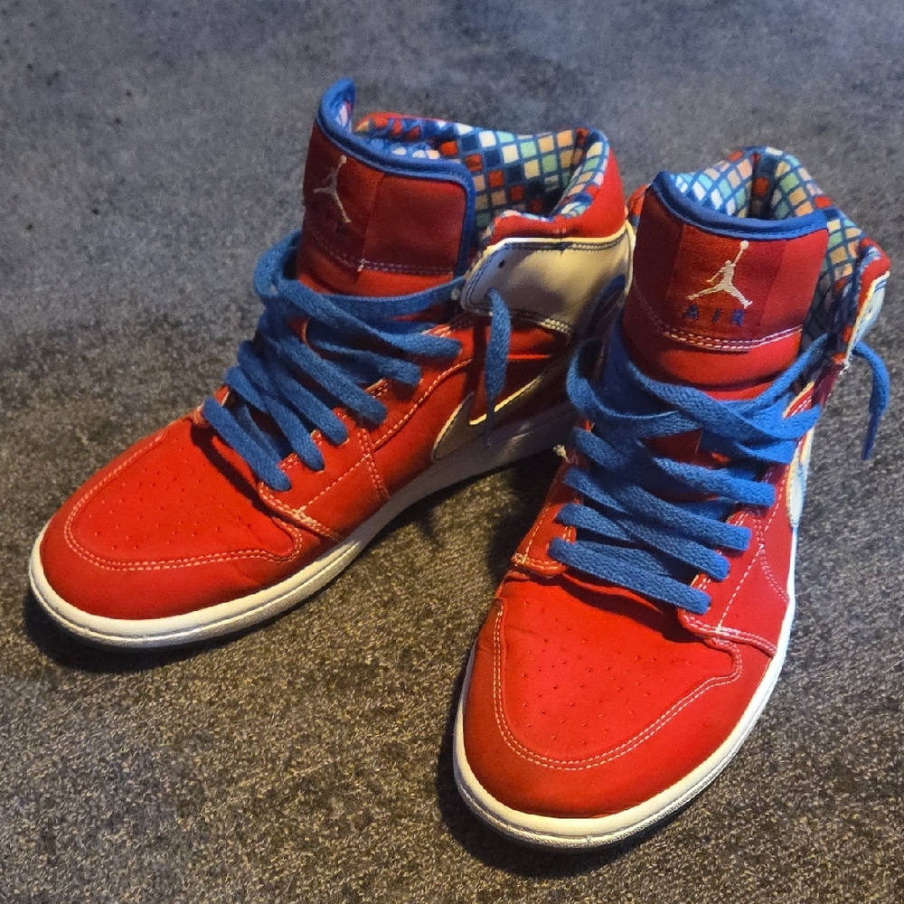 Red and Blue High-Top Sneakers with Patterned Interior